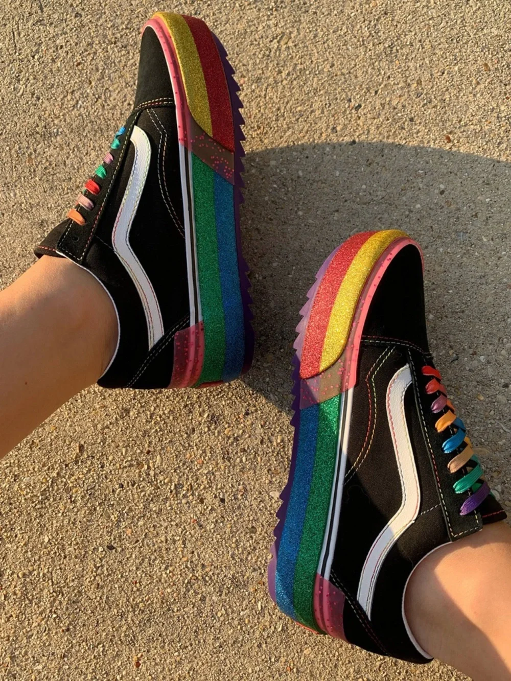 VANS Women’s 5 Old Skool Stacked Glitter Sneakers • Platform Suede Canvas Shoes